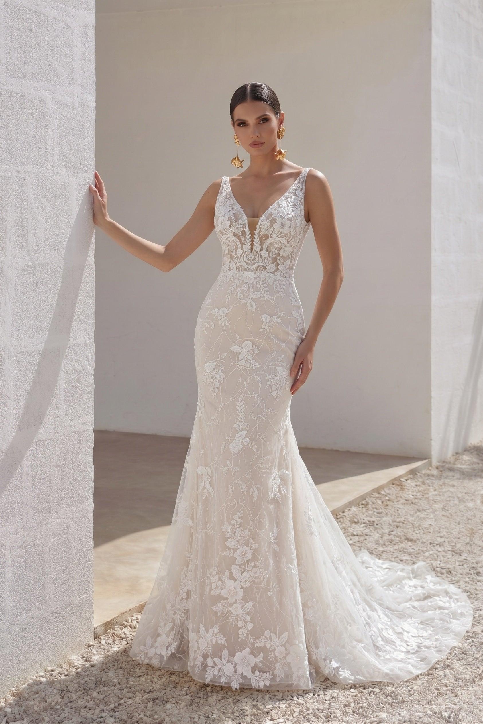 Trumpet-Mermaid Chapel Train Lace Tulle Wedding Dress CW3230 - 45 Days / As Picture:Ivory/Nude / US0-UK2-EUR30 - COCOMELODY